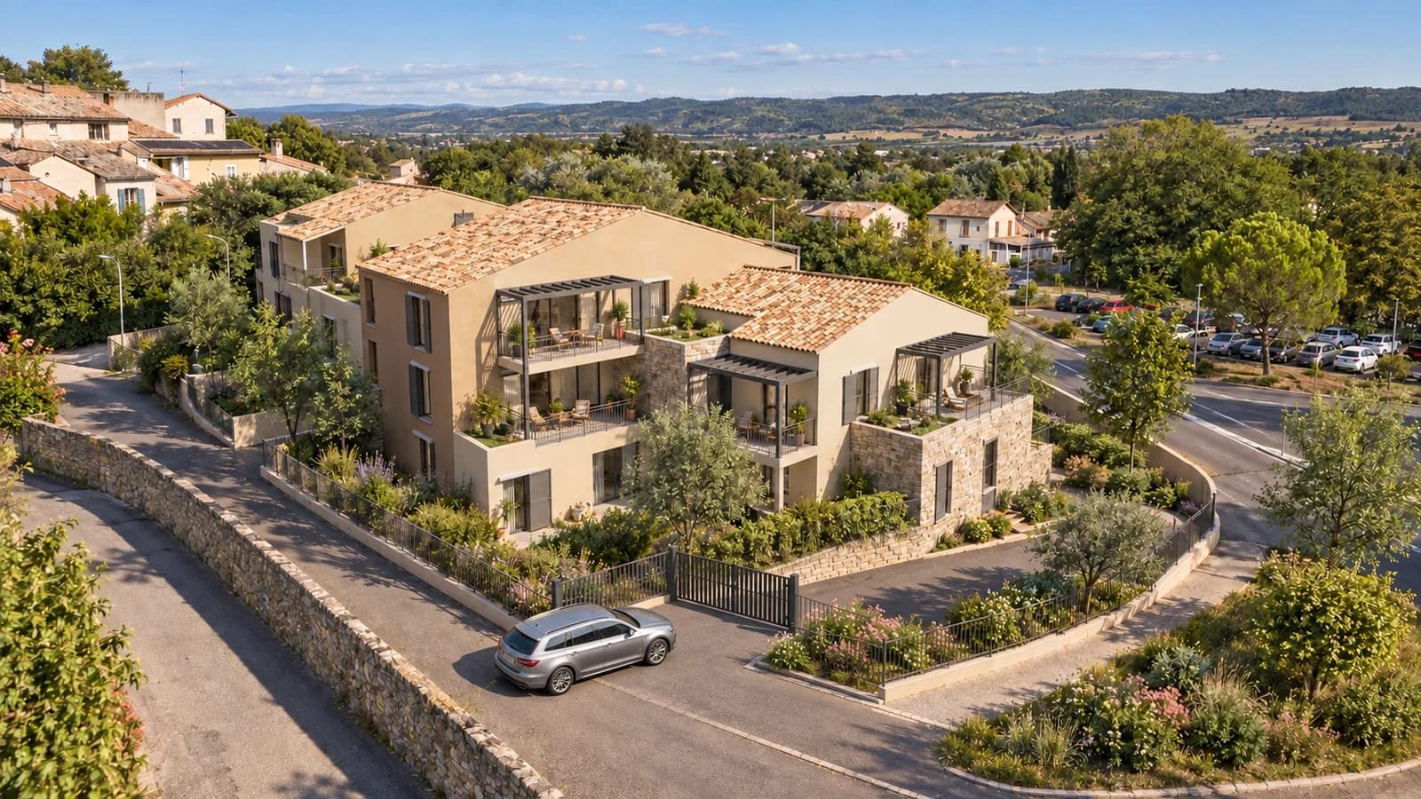 L’Olivier Blanc in its La Brillanne village setting, exterior presentation perspective